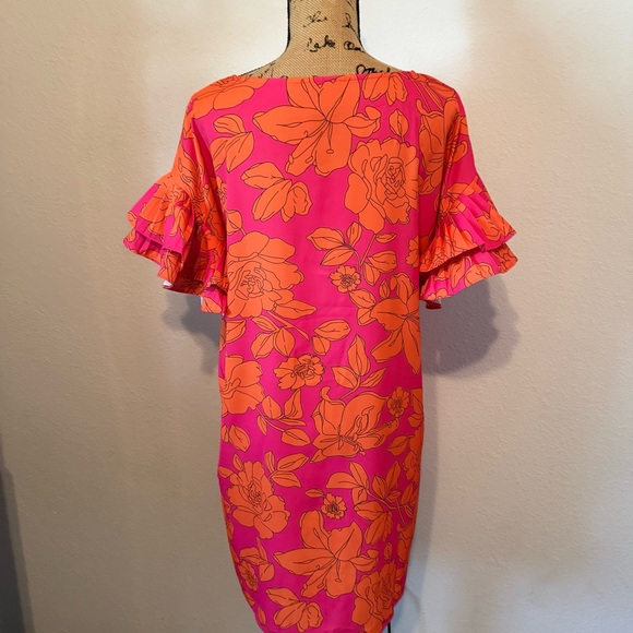 Hot pink and orange floral print dress featuring ruffled sleeves medium - Picture 6 of 11
